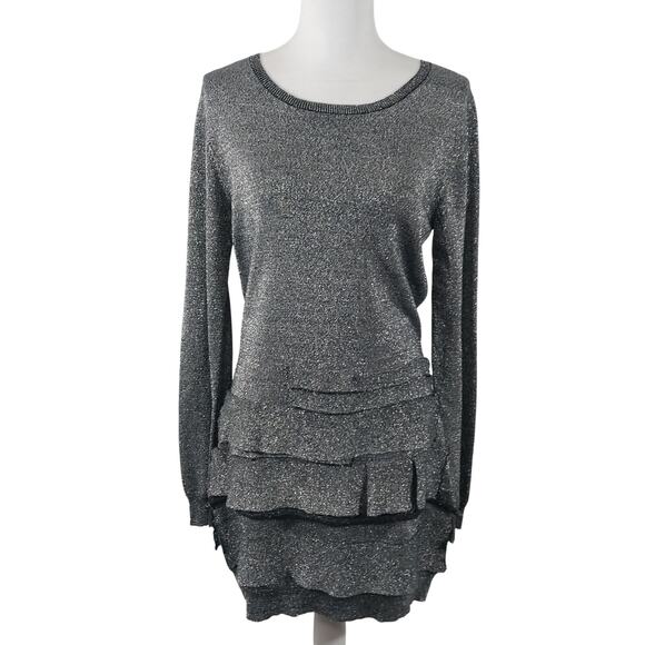 BCBGMAXAZRIA! BLACK & SILVER KNIT, LONG SLEEVE, RANDOM TIERED DRESS! SZ M - Picture 2 of 8
